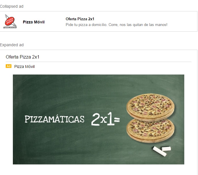 Gmail Ads ejemplo pizza móvil